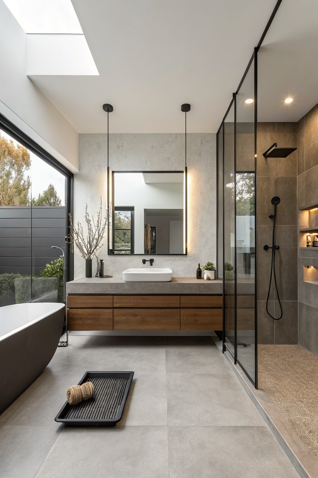 Modern bathroom with freestanding tub, floating wood vanity, illuminated mirror, and glass shower.