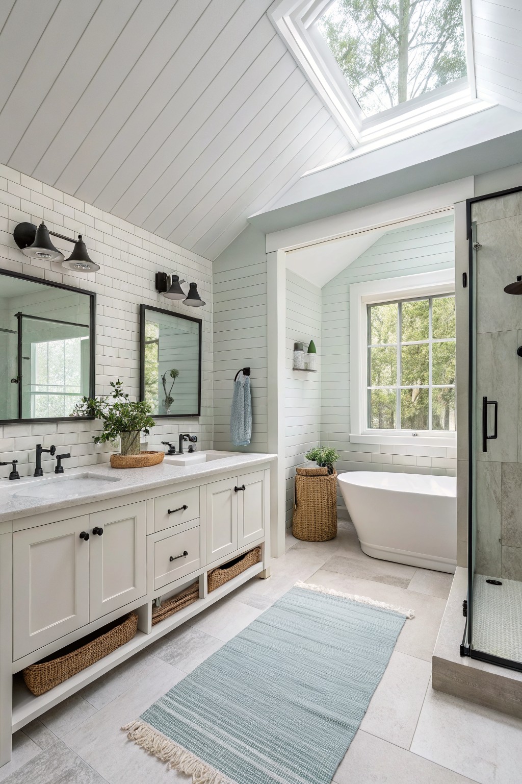 Light green walls in a white bathroom with a freestanding tub.