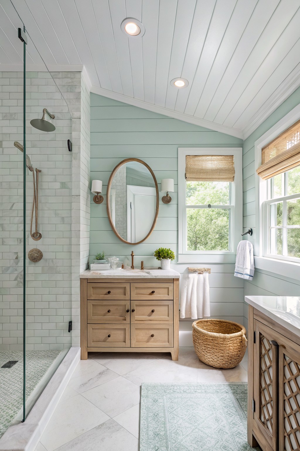 Bathroom with soft light green walls, wood vanity, and white trim.