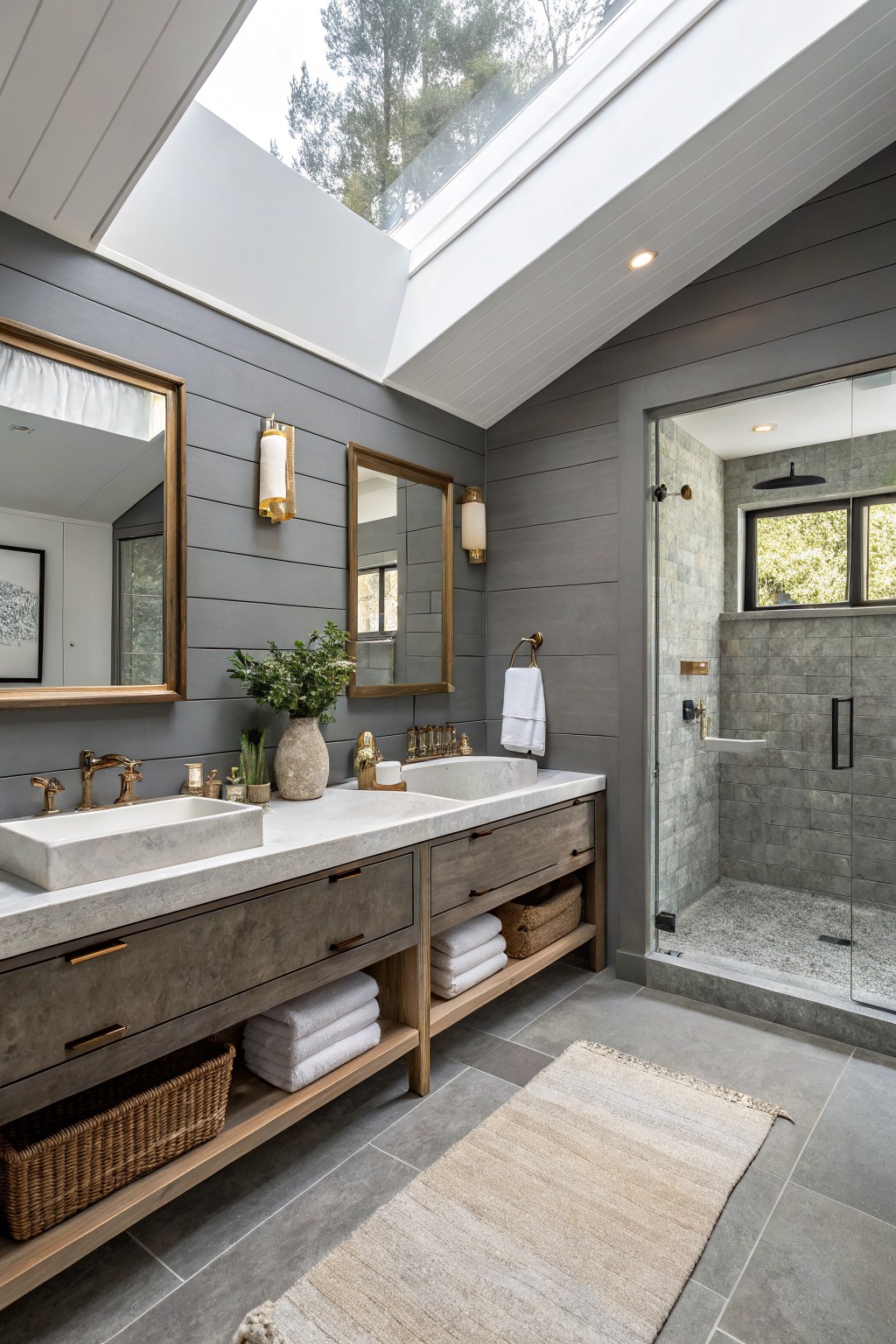 Gray shiplap walls in a bathroom with double sinks and wood vanity.