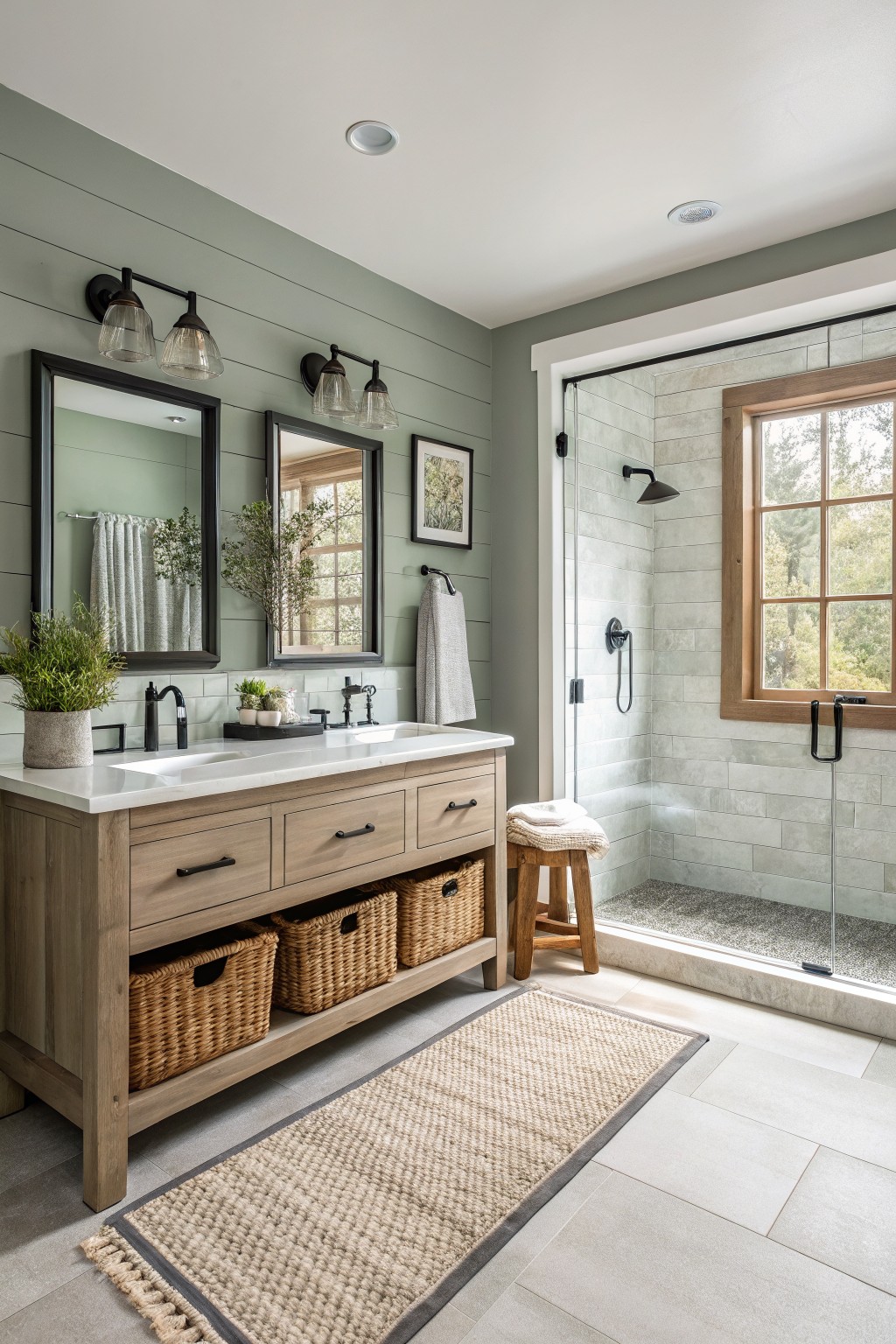 A bathroom with soft sage green walls and a wood vanity.