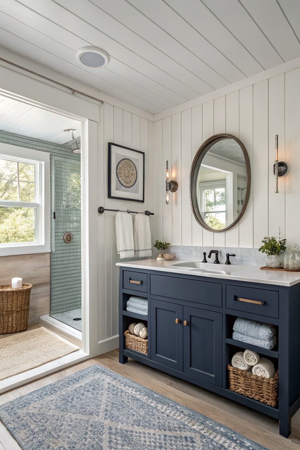 A bathroom vanity painted deep navy blue with open shelving and a white countertop.