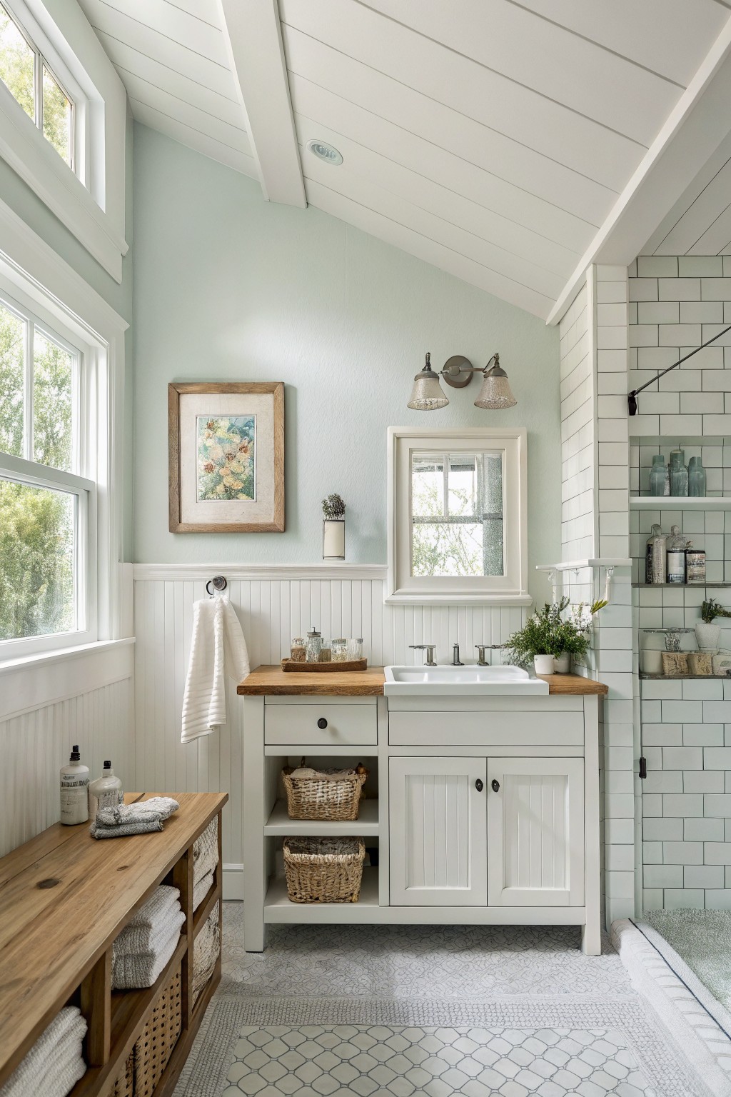 Bright bathroom with white vanity, wooden accents, light blue walls, and windows.