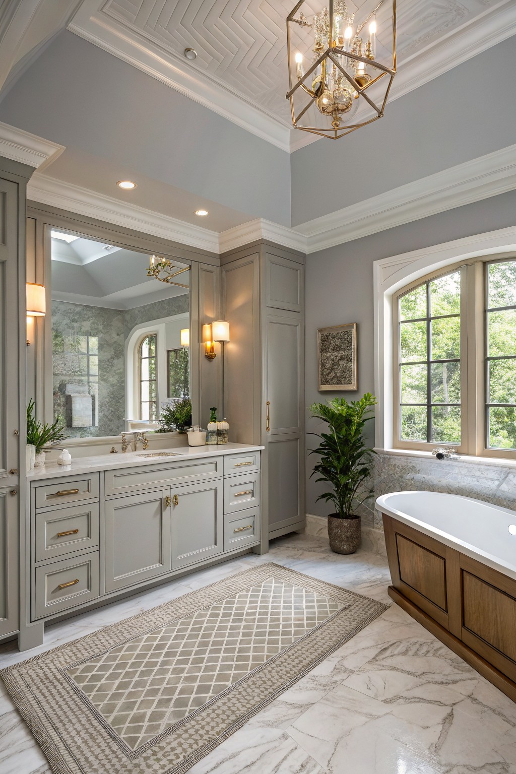 Bathroom with walls and cabinets painted in a soft gray color.
