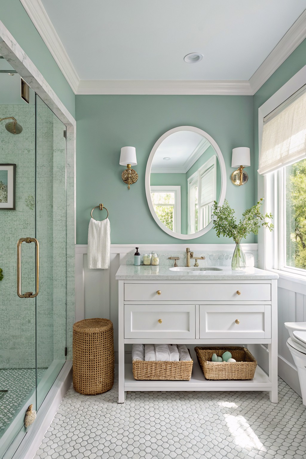 Light green walls in a bathroom with white trim and a marble vanity.