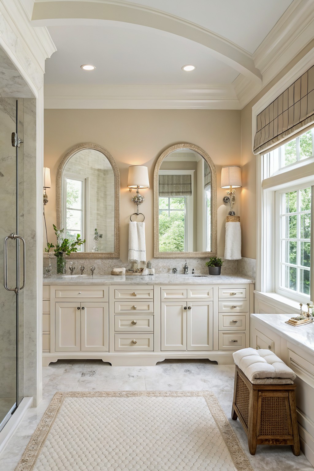 Bathroom with soft greige walls, white cabinets, and marble counters.