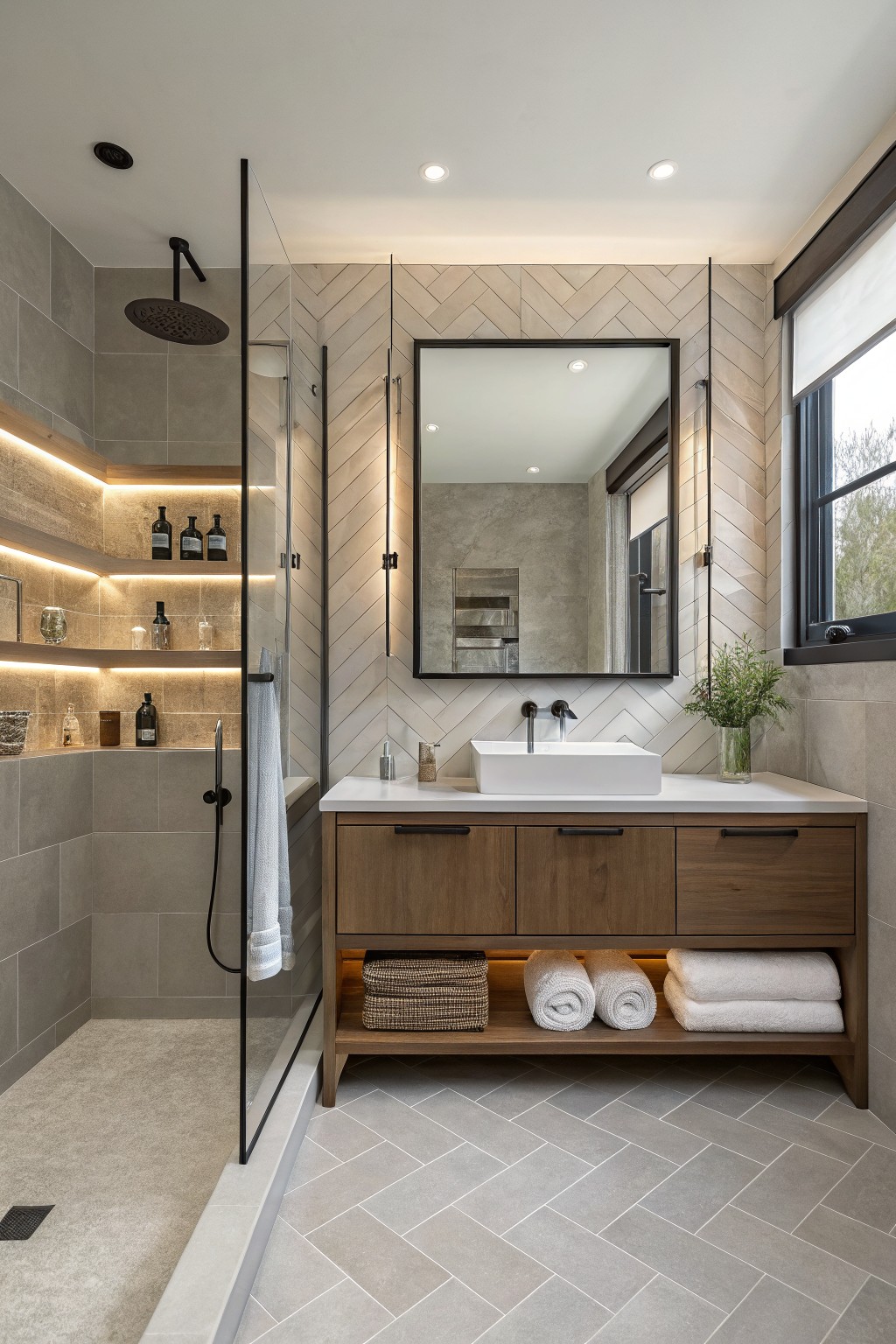 Light greige walls in a modern bathroom with wood vanity and herringbone tile.