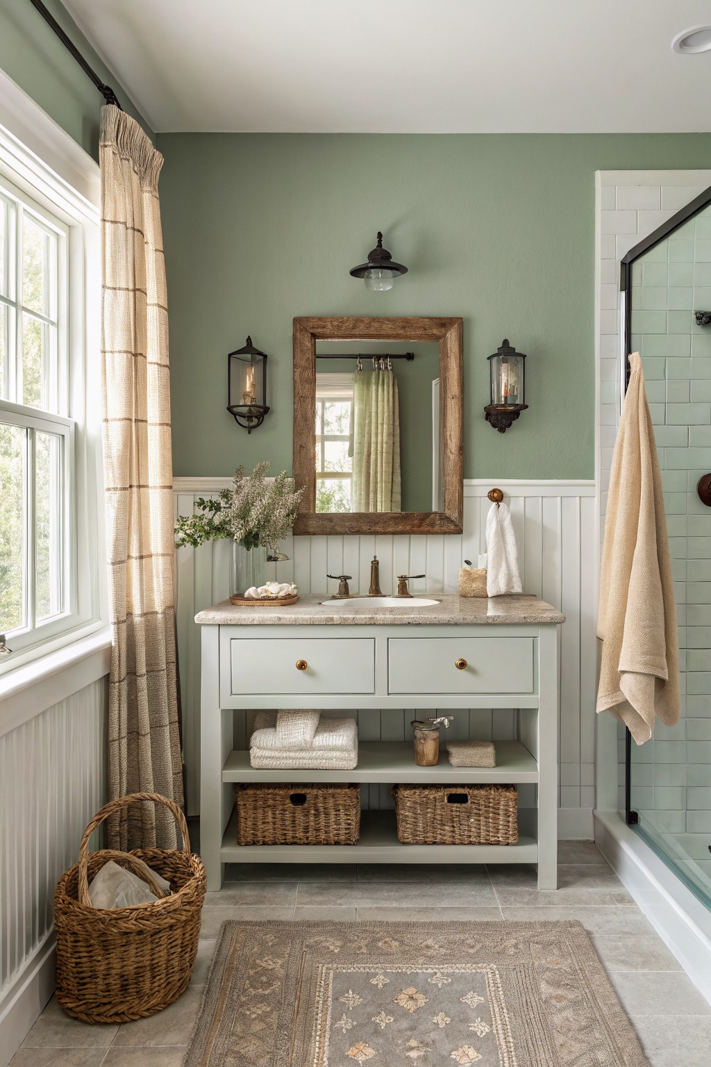 Sage green bathroom with mint vanity, wooden mirror, and woven baskets.