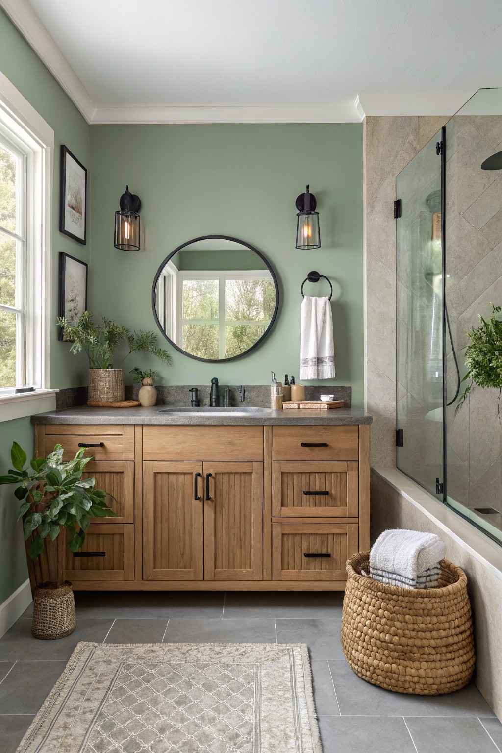 Bathroom walls painted in soft sage green with a wooden vanity and round mirror.