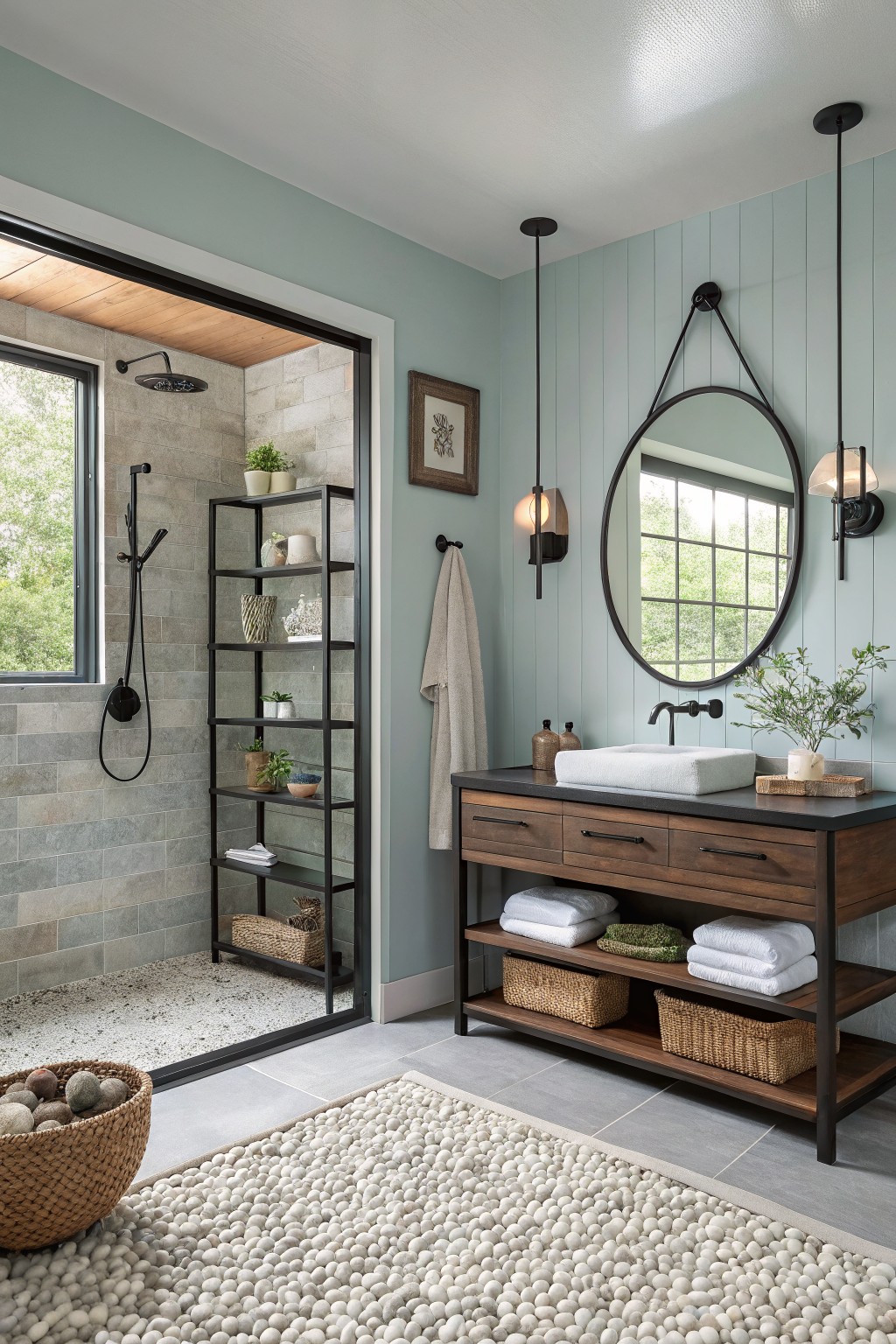 Bathroom walls painted a soft sage green next to a wood vanity and open shower.