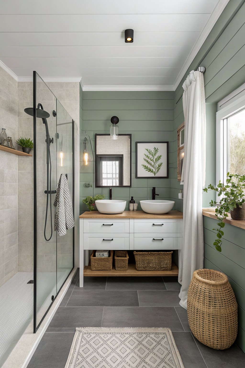 Bathroom walls painted in a soft sage green with white vanity and wood accents.