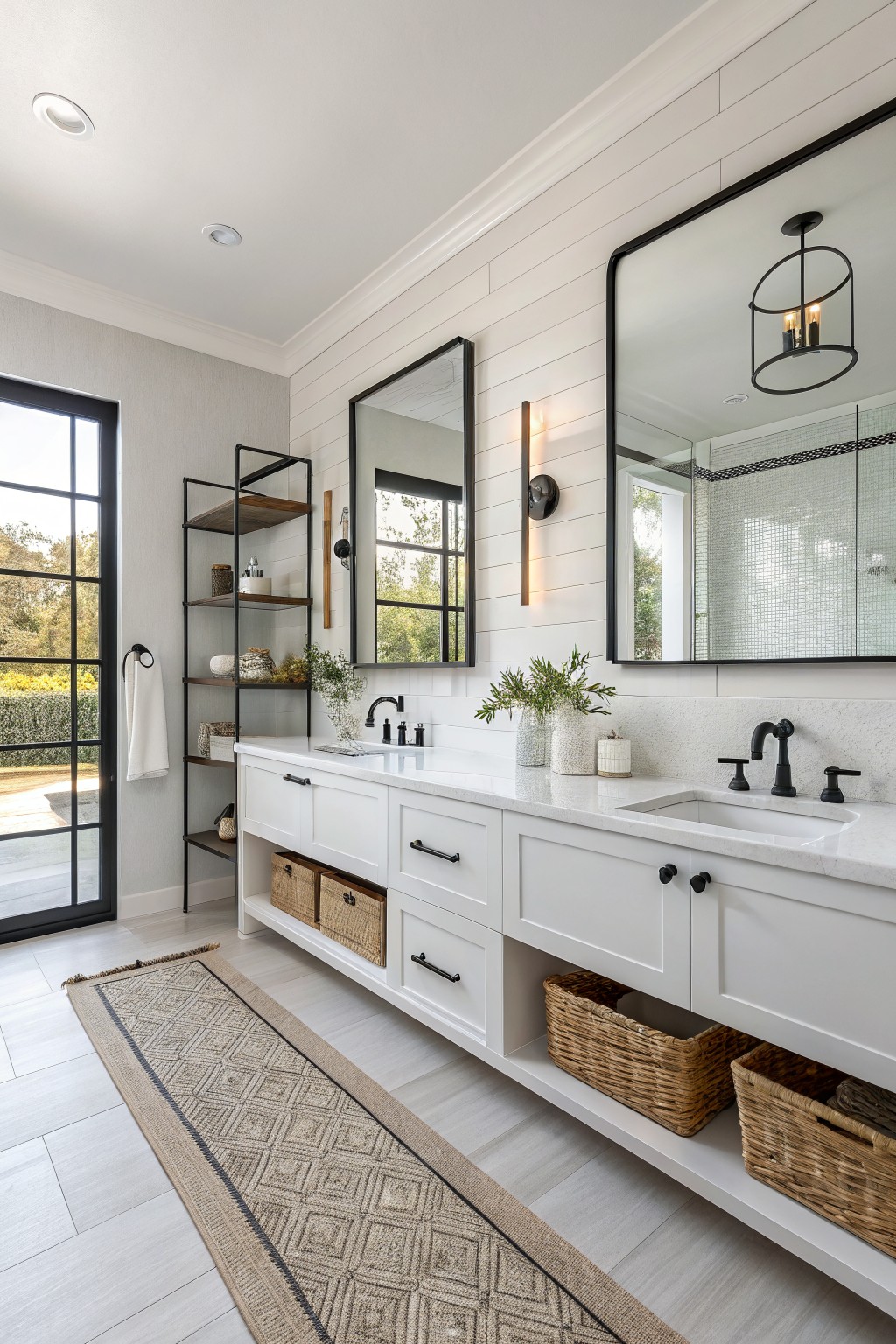 White shiplap walls in a bathroom with a long white vanity and black accents.