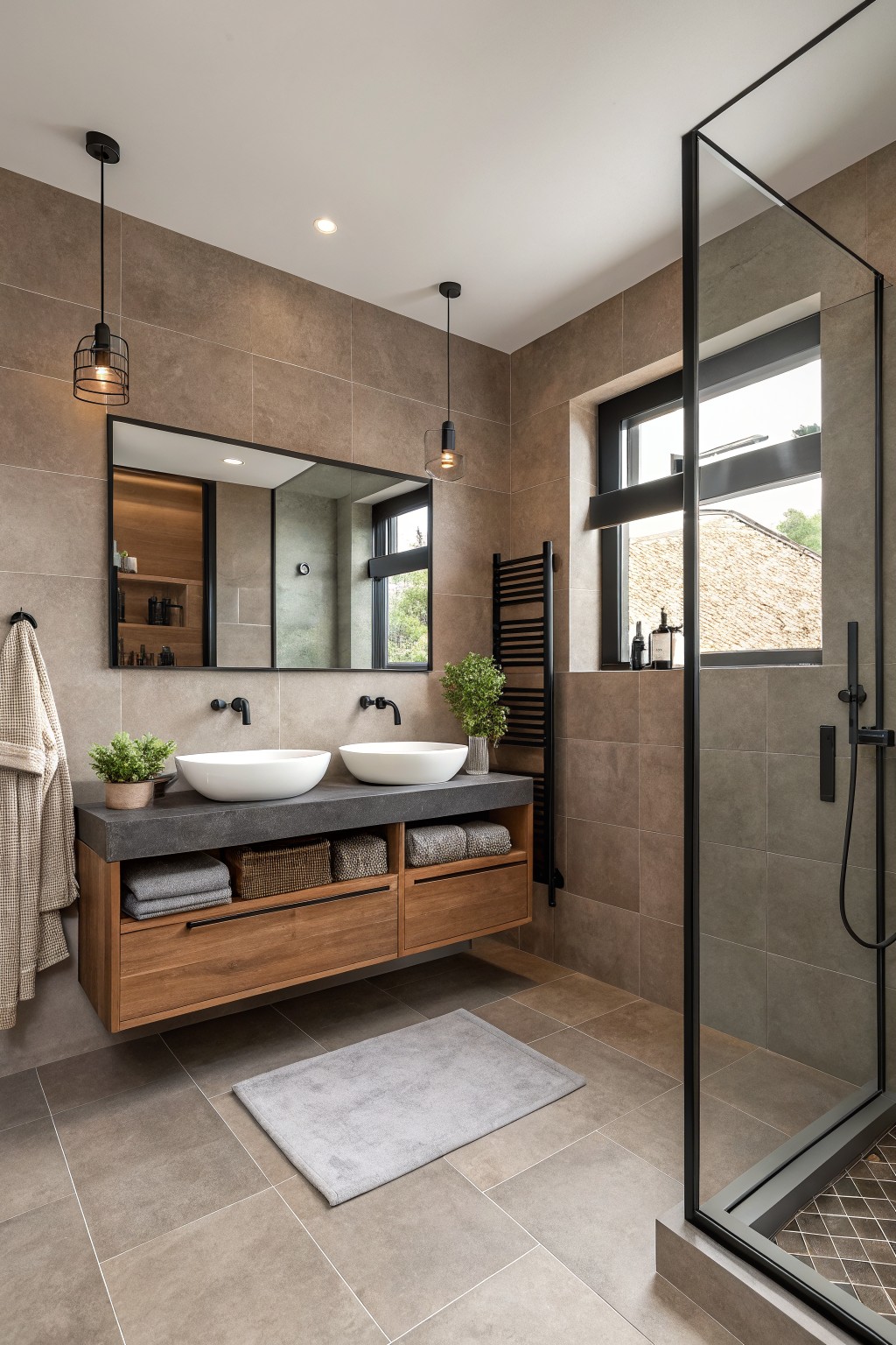 A bathroom with warm greige tiled walls and a wood vanity.