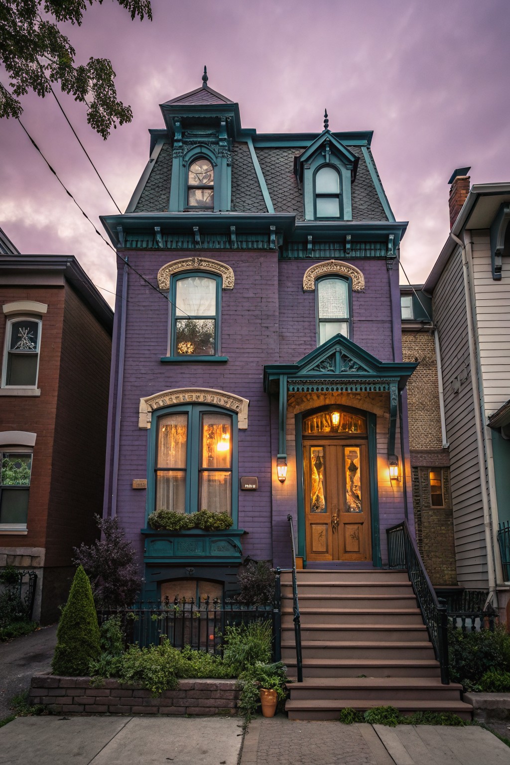 A Victorian house exterior painted in deep purple with teal trim.