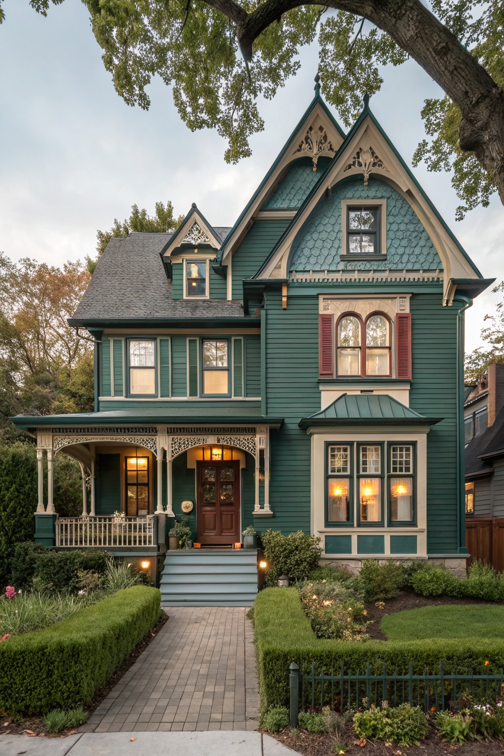 Victorian house exterior painted in deep teal green siding.