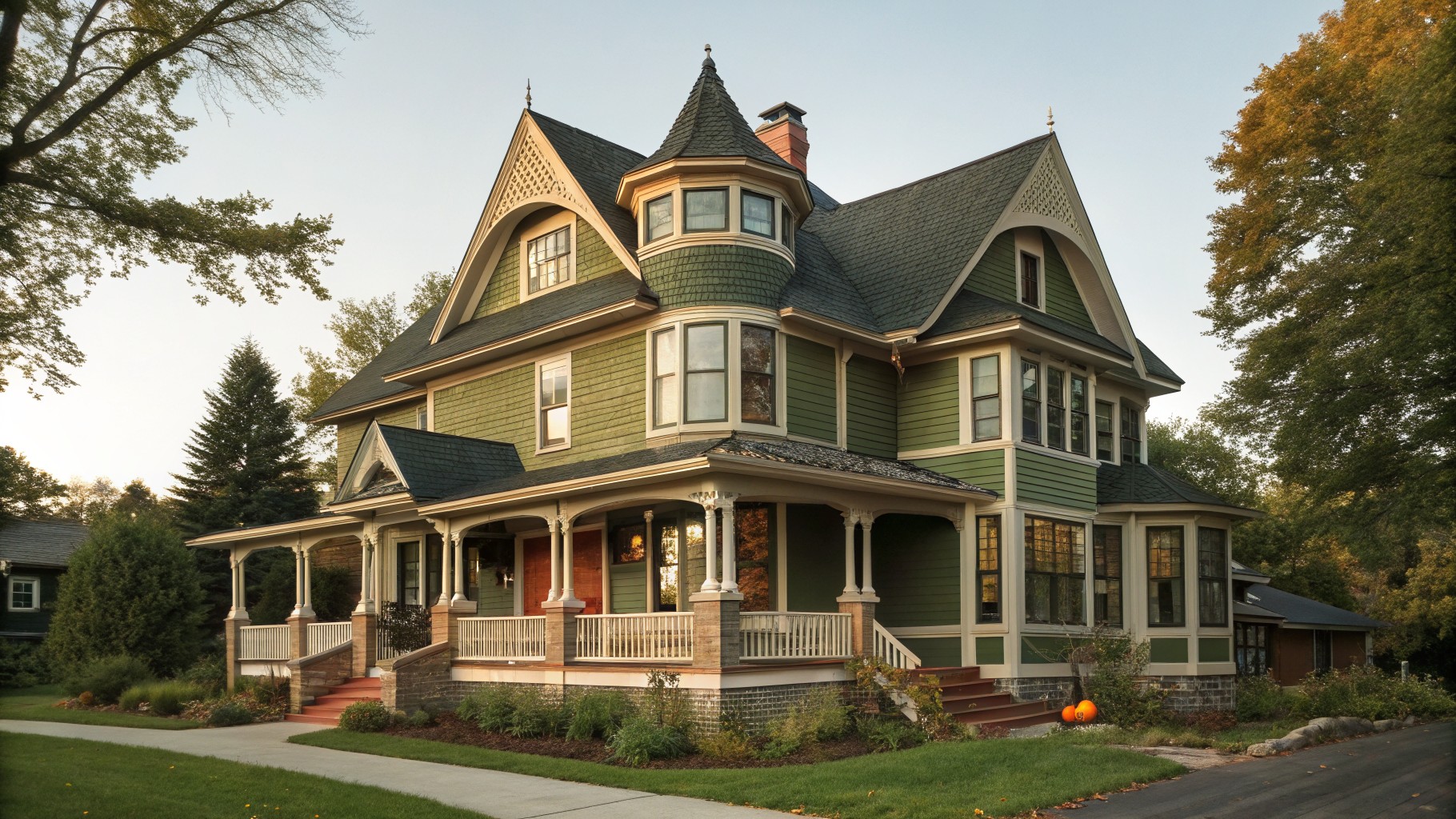 Victorian house with soft sage green siding and white trim.