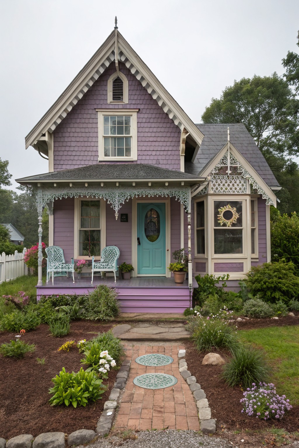 A Victorian house with muted purple siding and white trim.