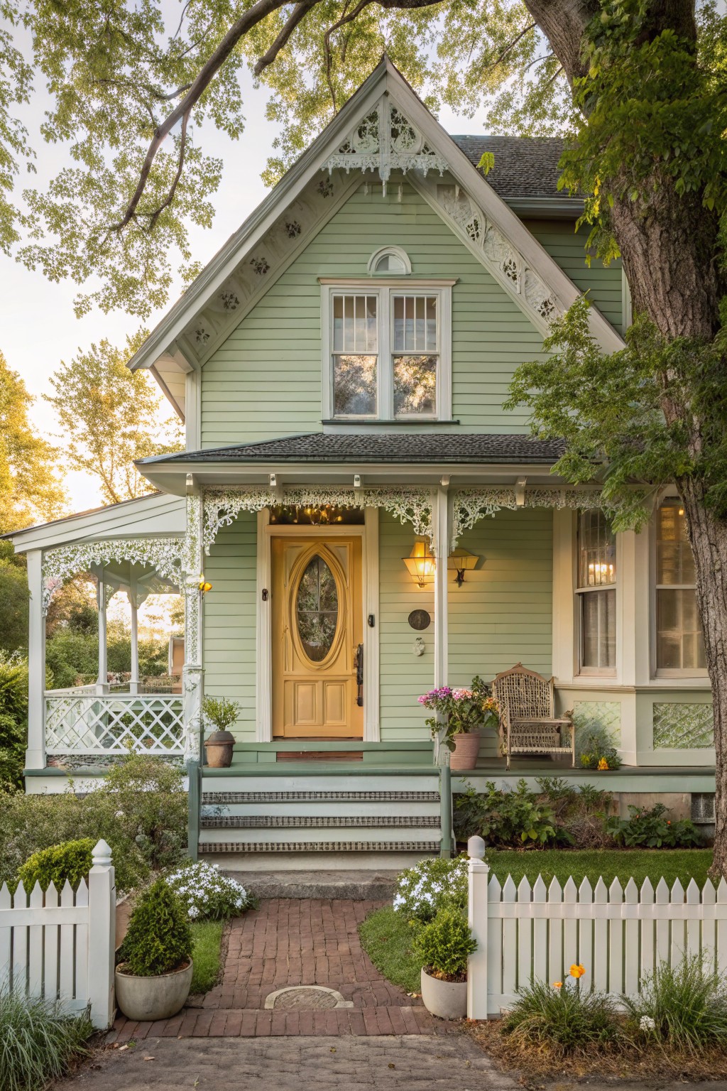 A Victorian house painted in soft sage green with white trim and a brick walkway.