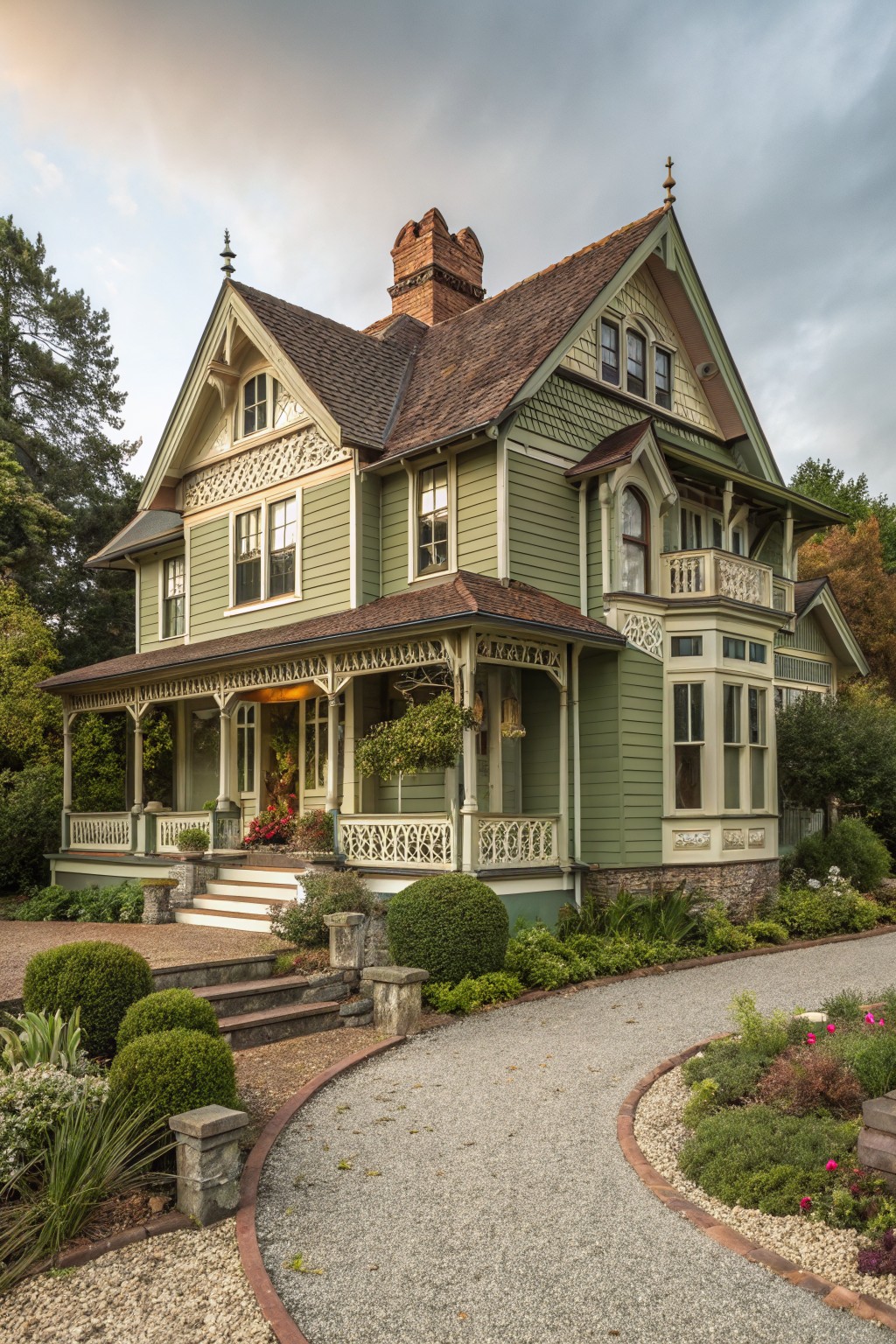 Light sage green siding on a Victorian house with a brown roof.