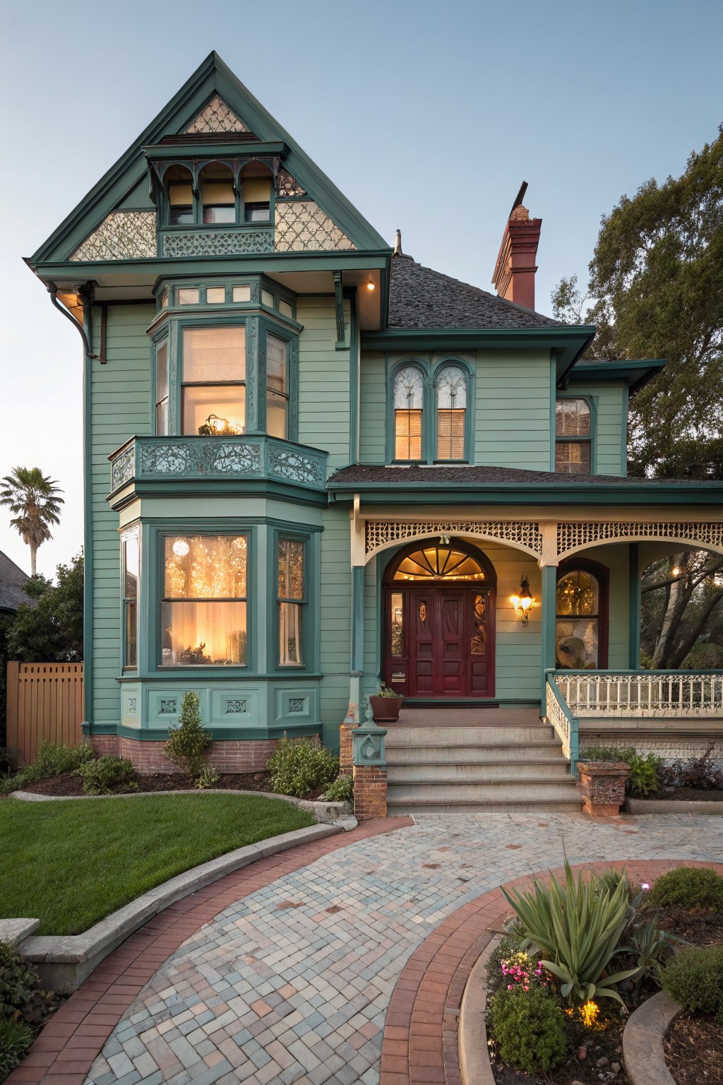 A Victorian house with soft sage green siding and white trim details.