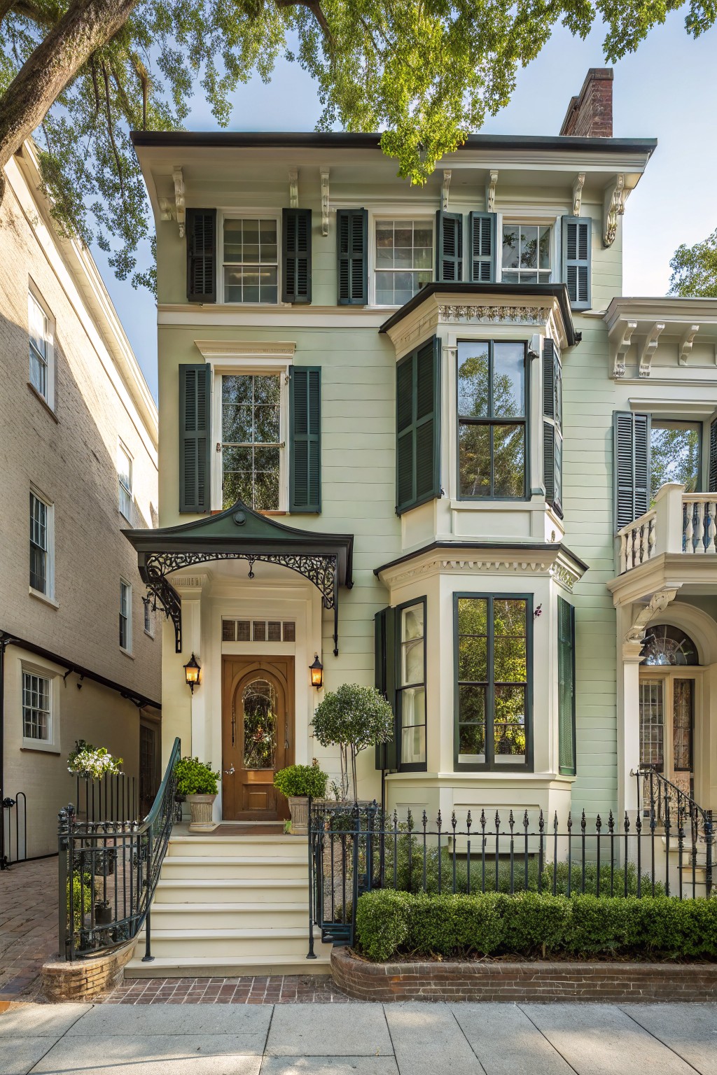 Victorian house exterior painted in soft sage green with white trim.