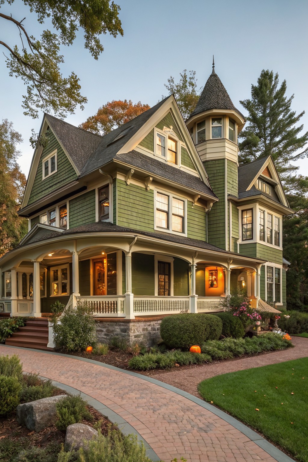 Victorian house with soft sage green siding and white trim.