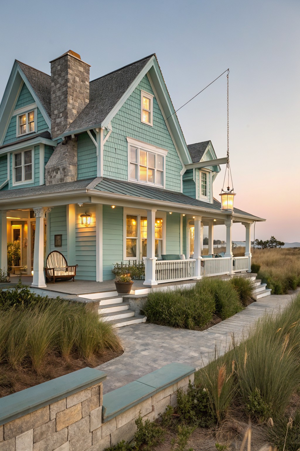 Victorian home with soft seafoam green siding and white trim.