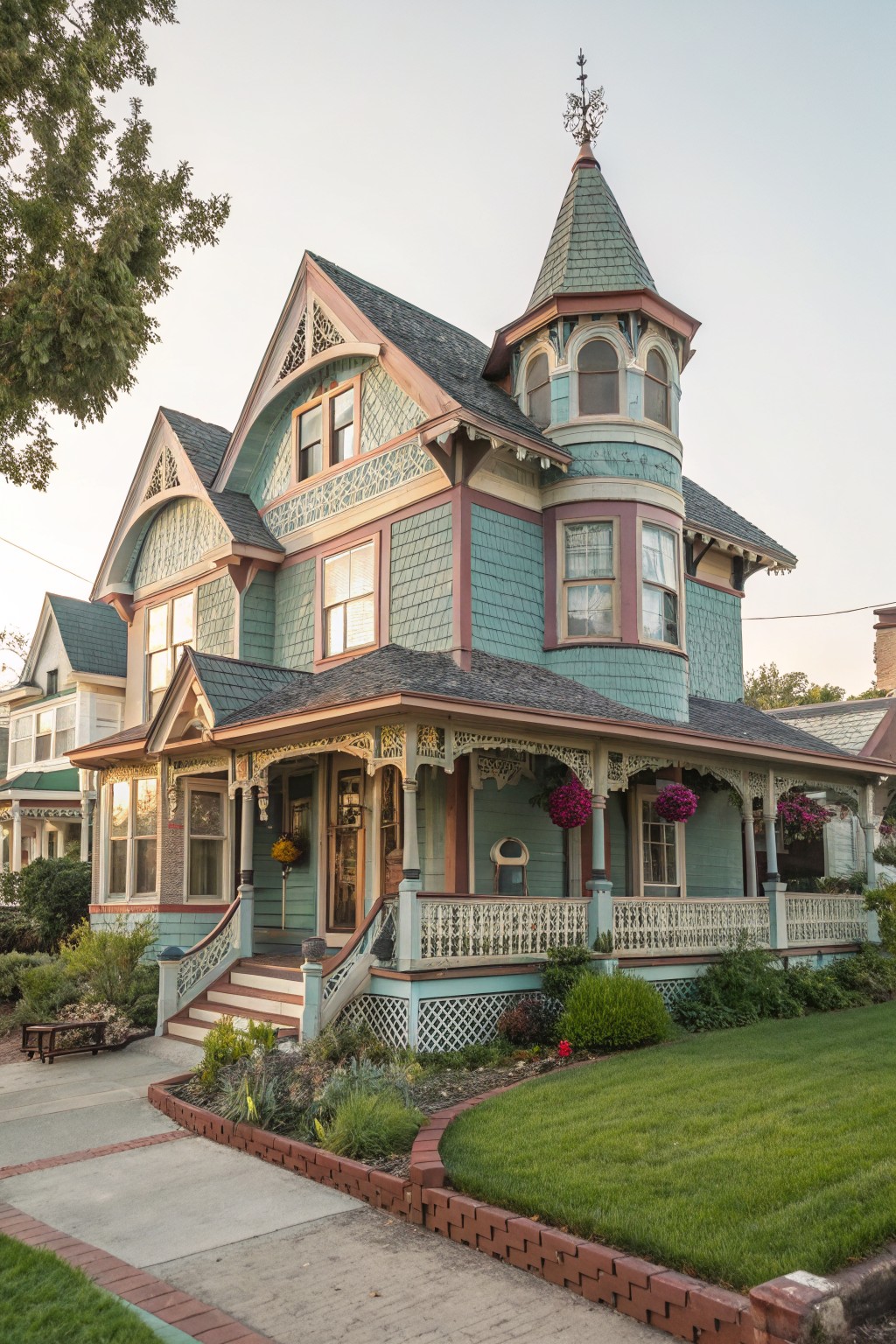 Victorian house exterior painted in a soft teal green.