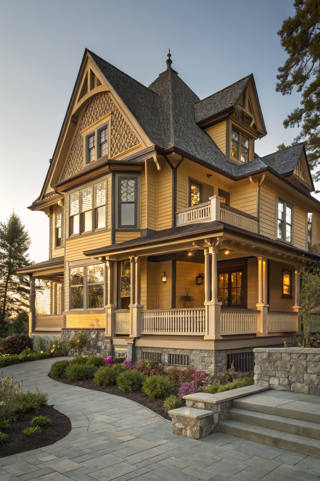 A Victorian house with soft yellow siding and dark roofing.