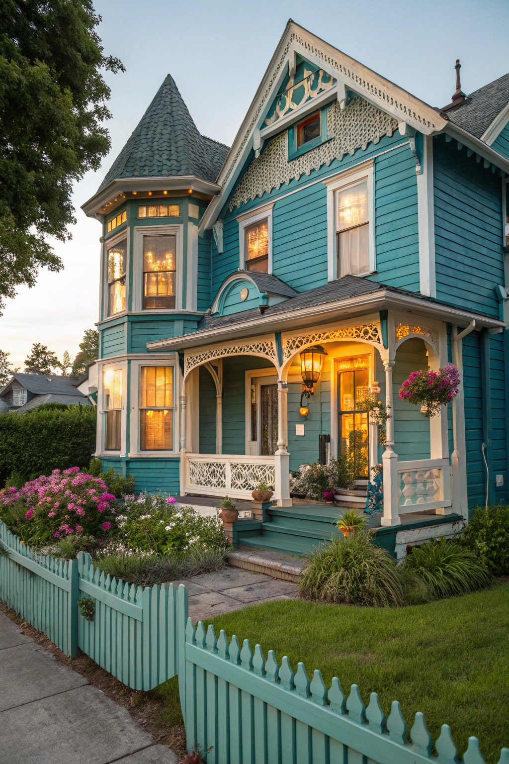 A Victorian house painted in teal with white trim.