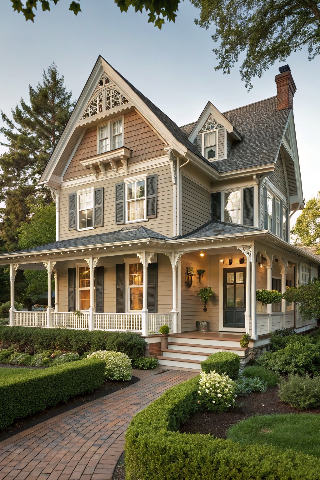 A Victorian house with warm greige siding and white trim.
