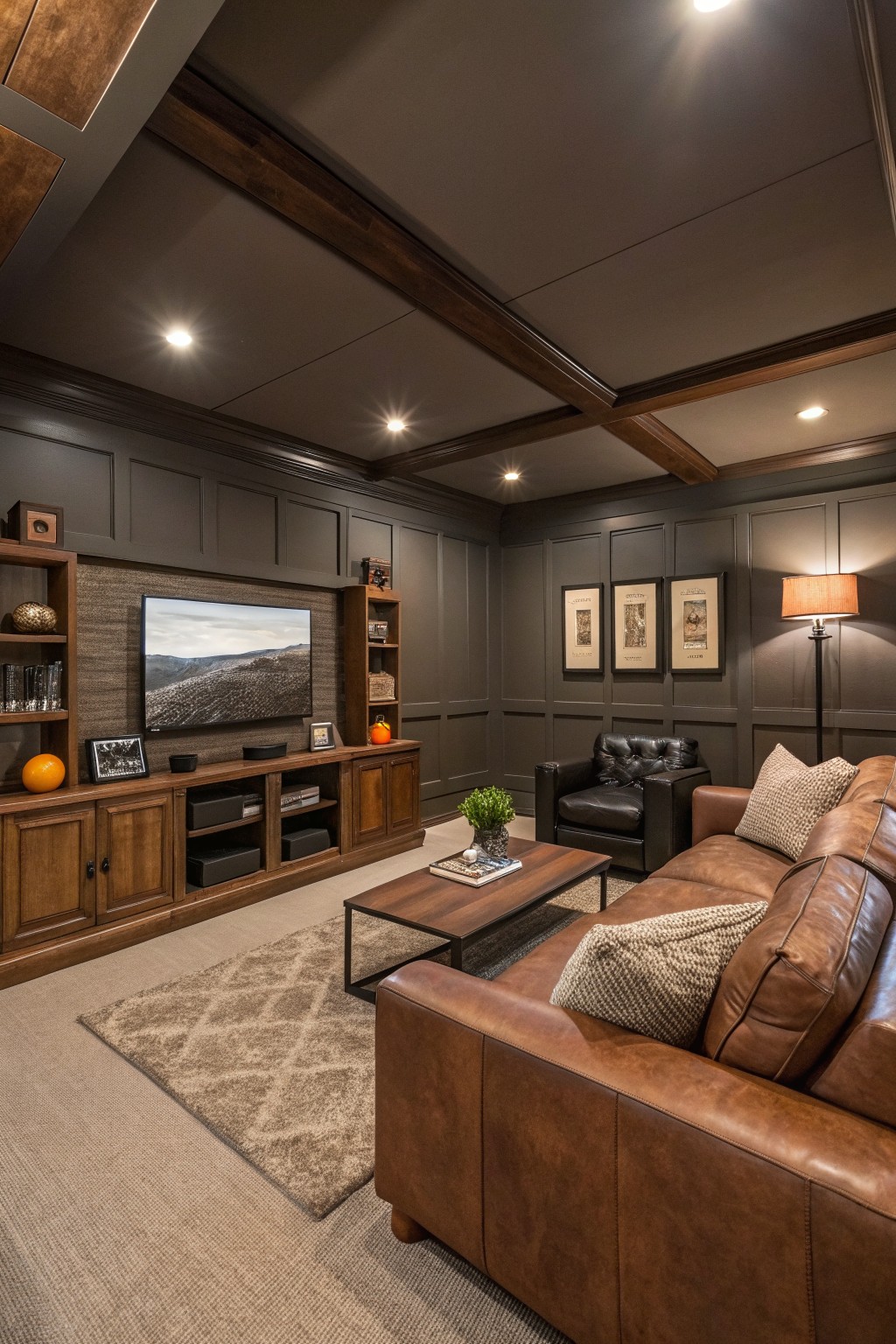 Dark charcoal gray walls in a wood-trimmed living room.
