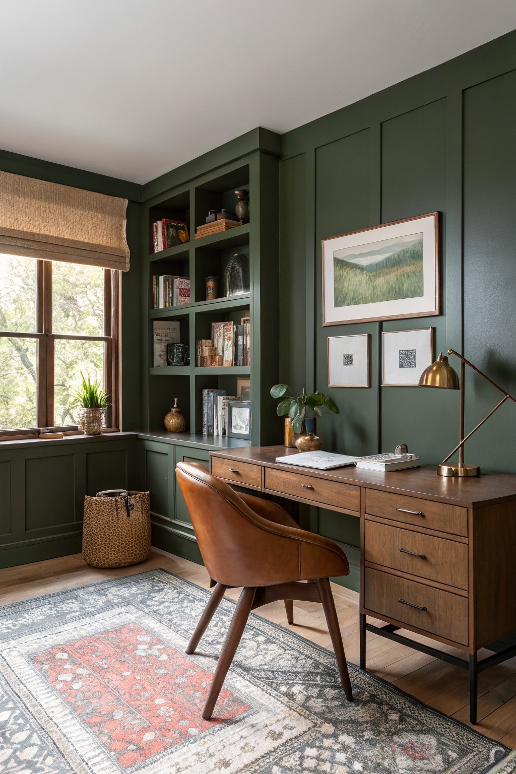 Dark green office with wooden desk, leather chair, bookshelves, brass lamp, and large window.