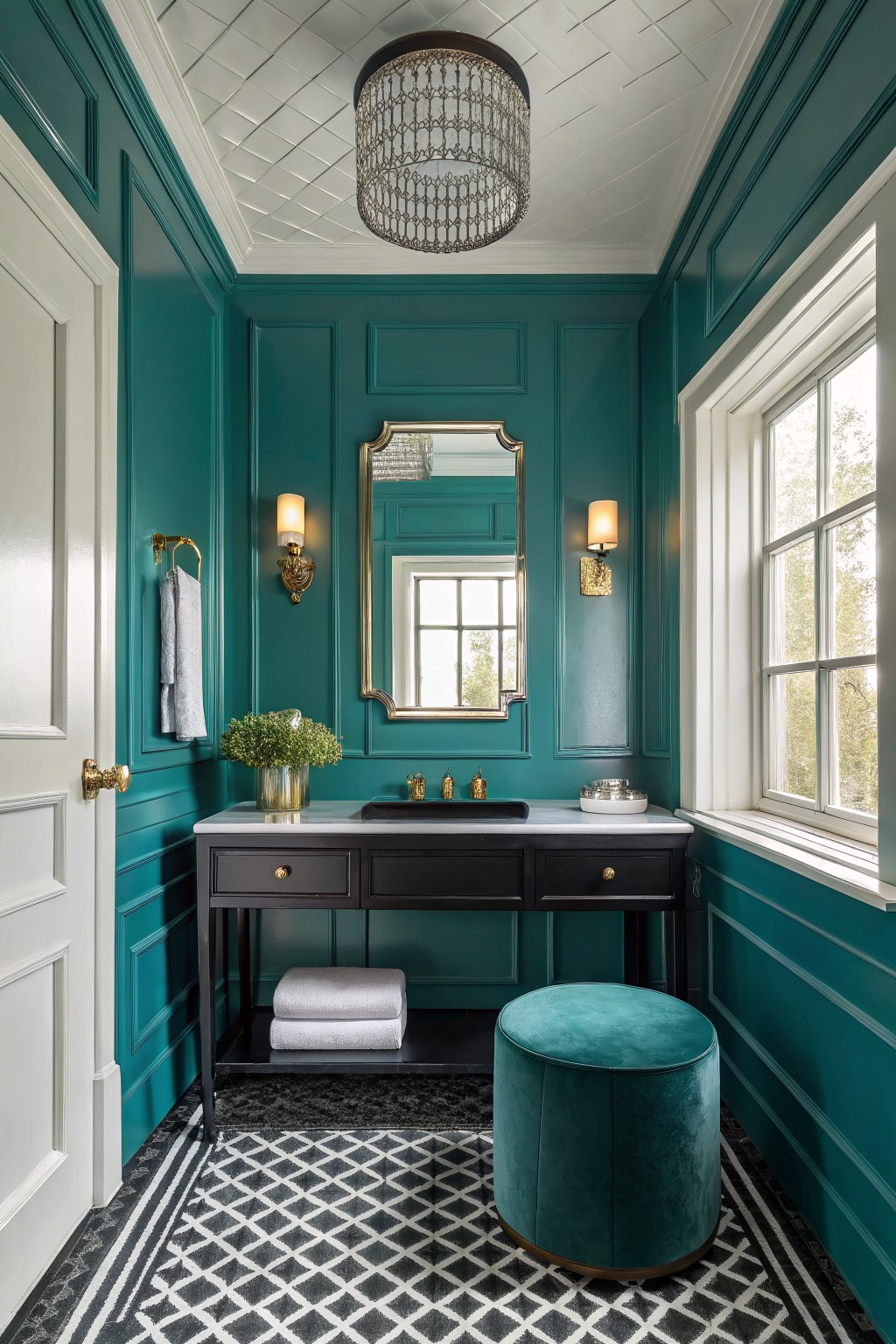 A powder room with deep teal walls and white trim.