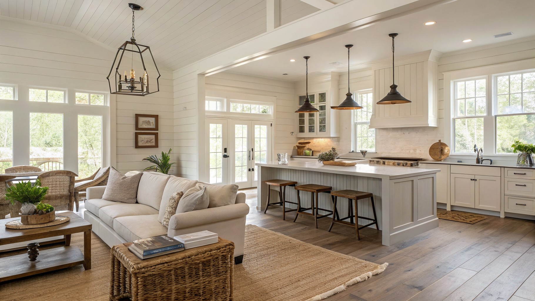 Kitchen and living area with soft greige walls and matching cabinetry.