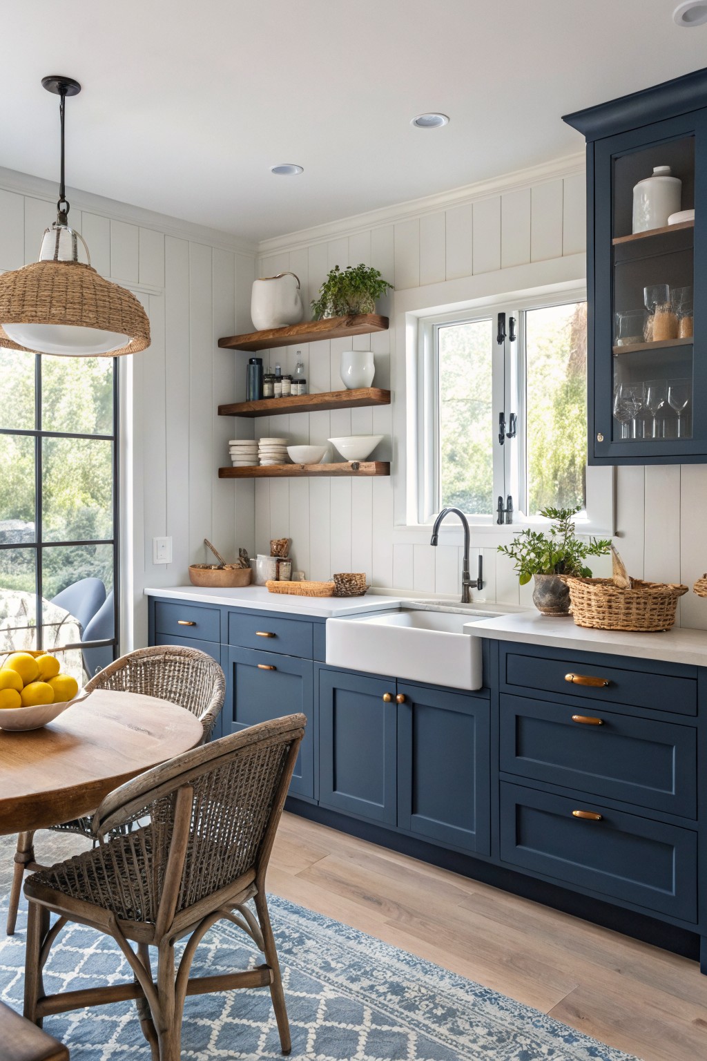 Navy blue cabinets in a bright kitchen with white walls and open wood shelves.