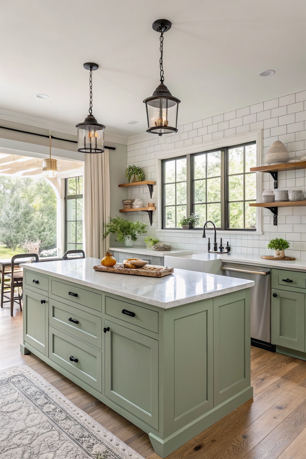 Kitchen with sage green cabinets, white marble island, and wood flooring.