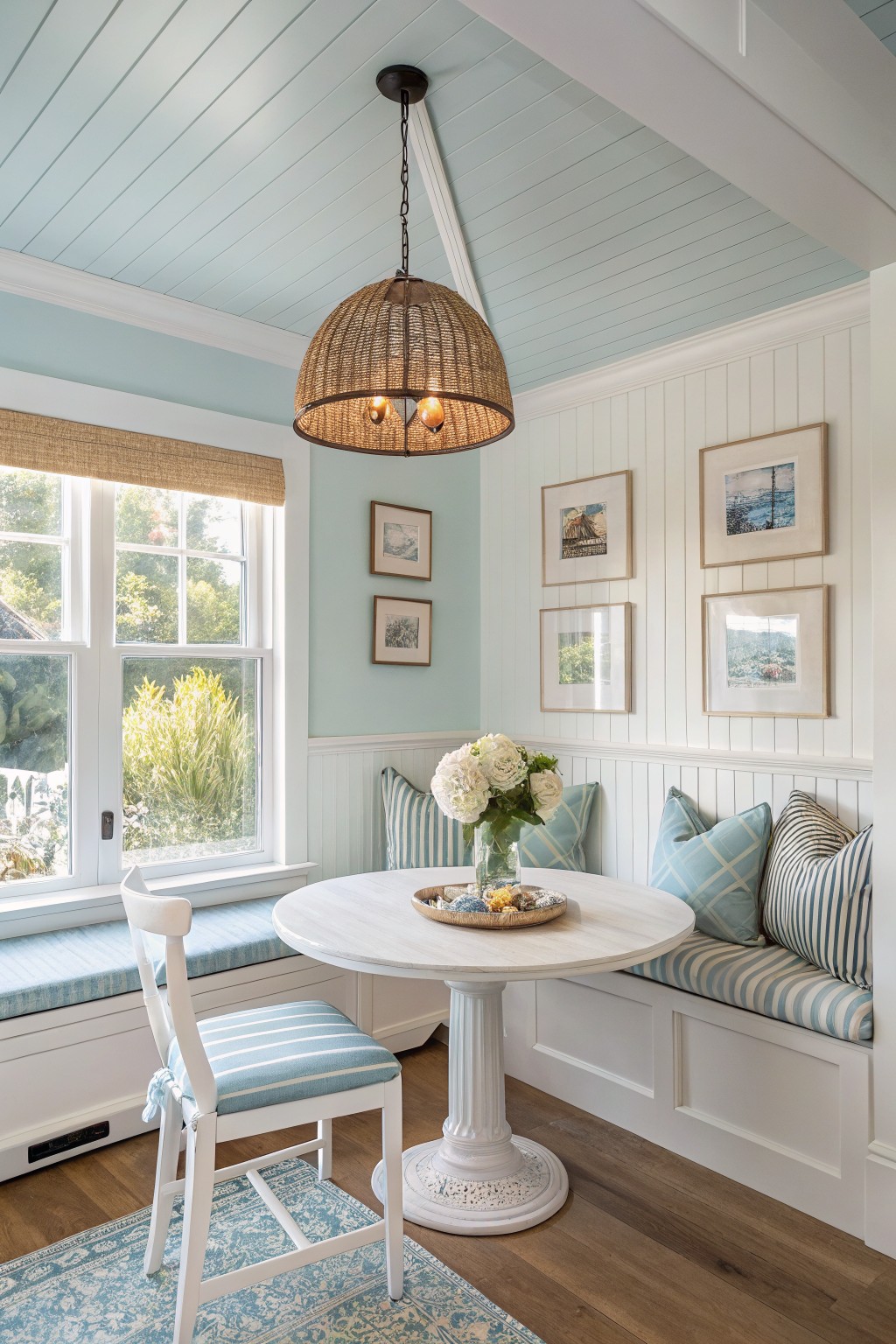 Light blue-green walls in a bright breakfast nook with white trim and built-in seating.