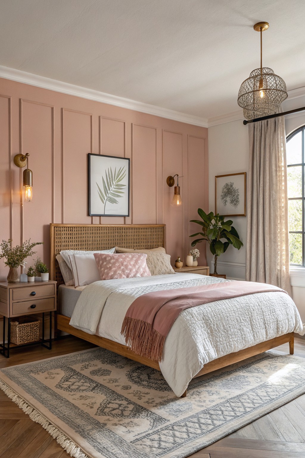Pink paneled bedroom with rattan bed, white bedding, pink throw, and patterned rug.