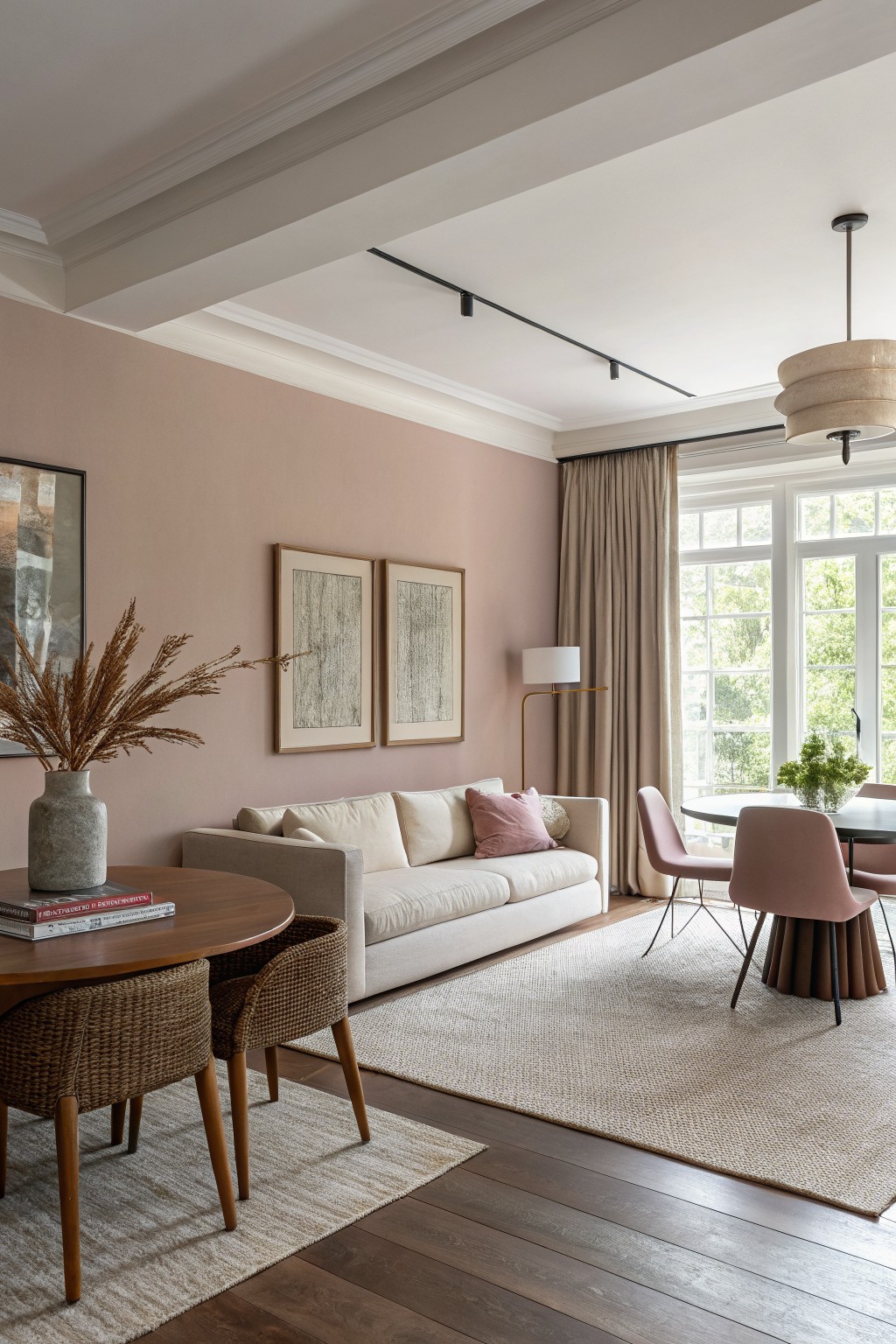 Soft blush beige walls in a living room with wood floors and a white sofa.