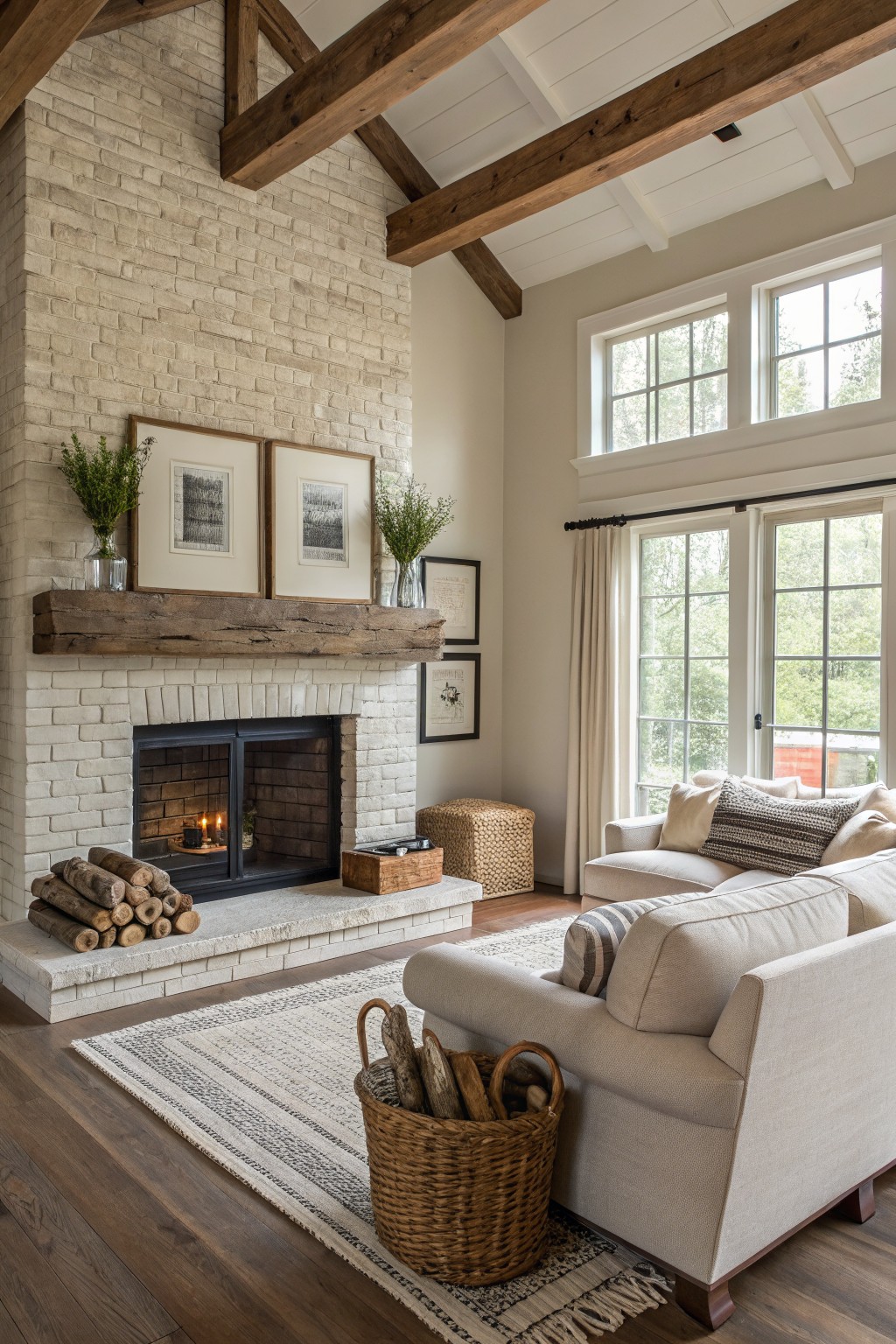 Light greige walls in a living room with white brick around the fireplace and exposed wood beams overhead.