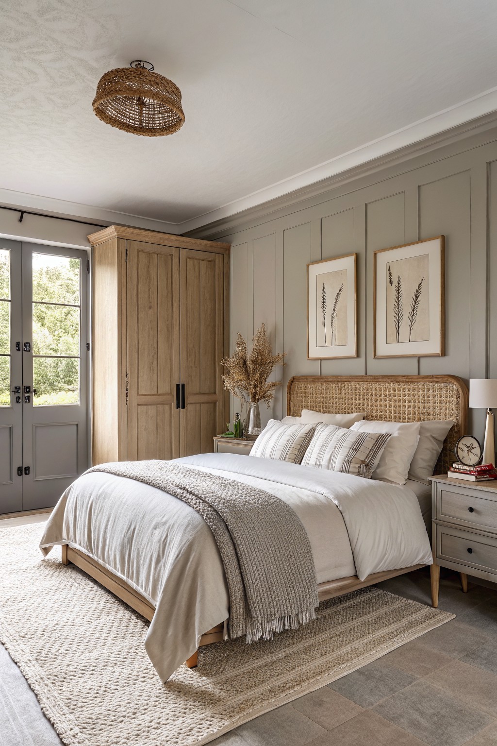 Bedroom with soft sage gray walls and wood furniture.