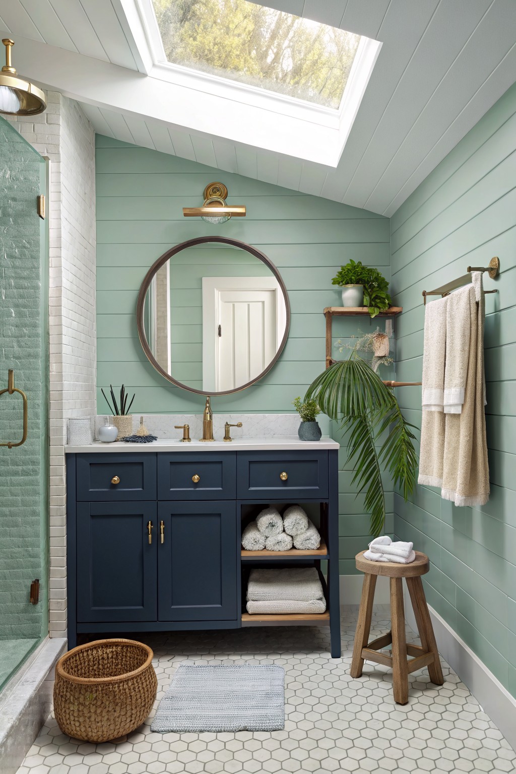 Bathroom walls painted in a soft sage green.