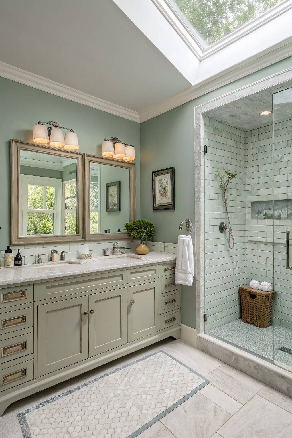 A bathroom featuring soft sage green walls and matching vanity.