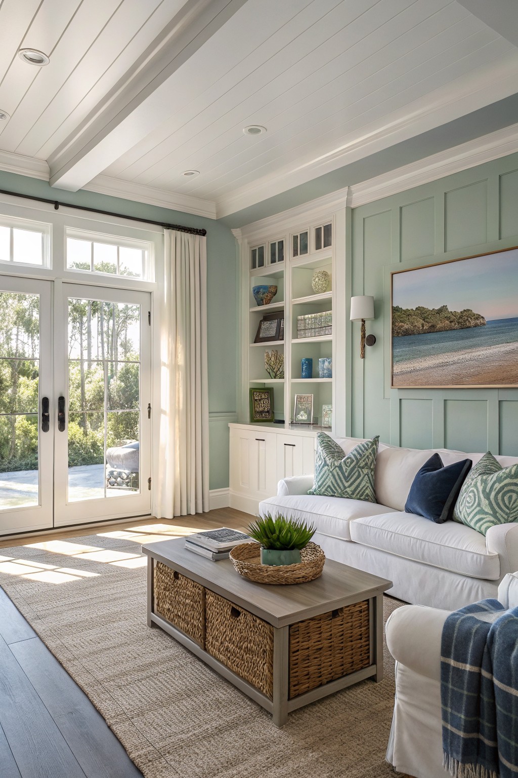 A living room with soft sage green walls and white built-in shelves.