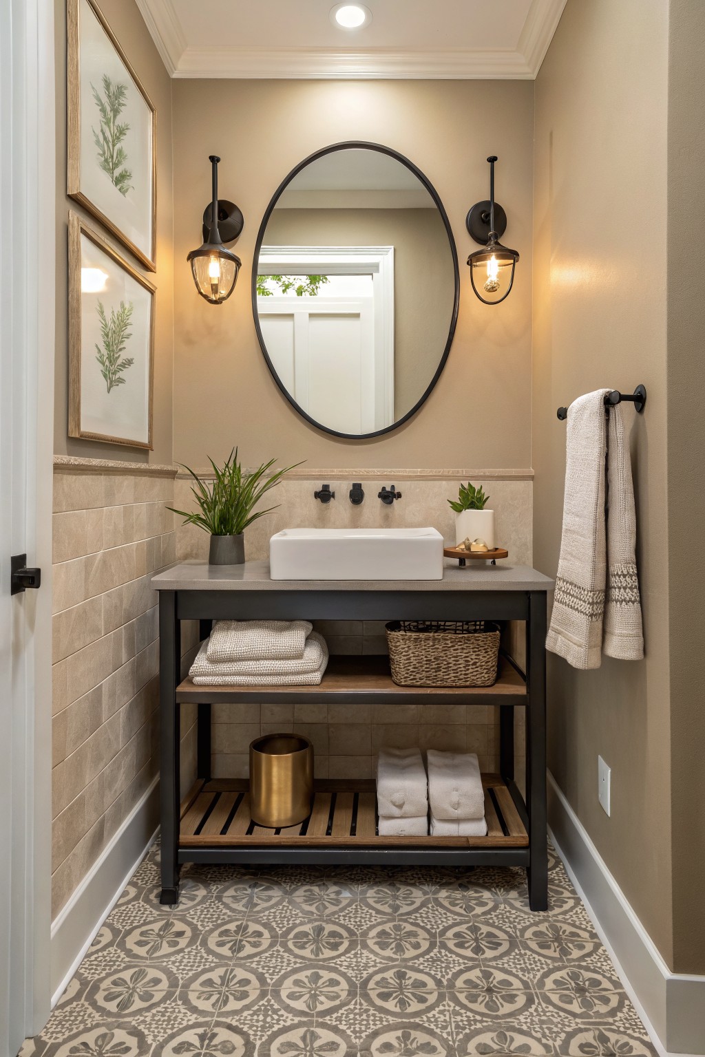 A bathroom with warm greige walls, a round mirror, and a wood vanity.