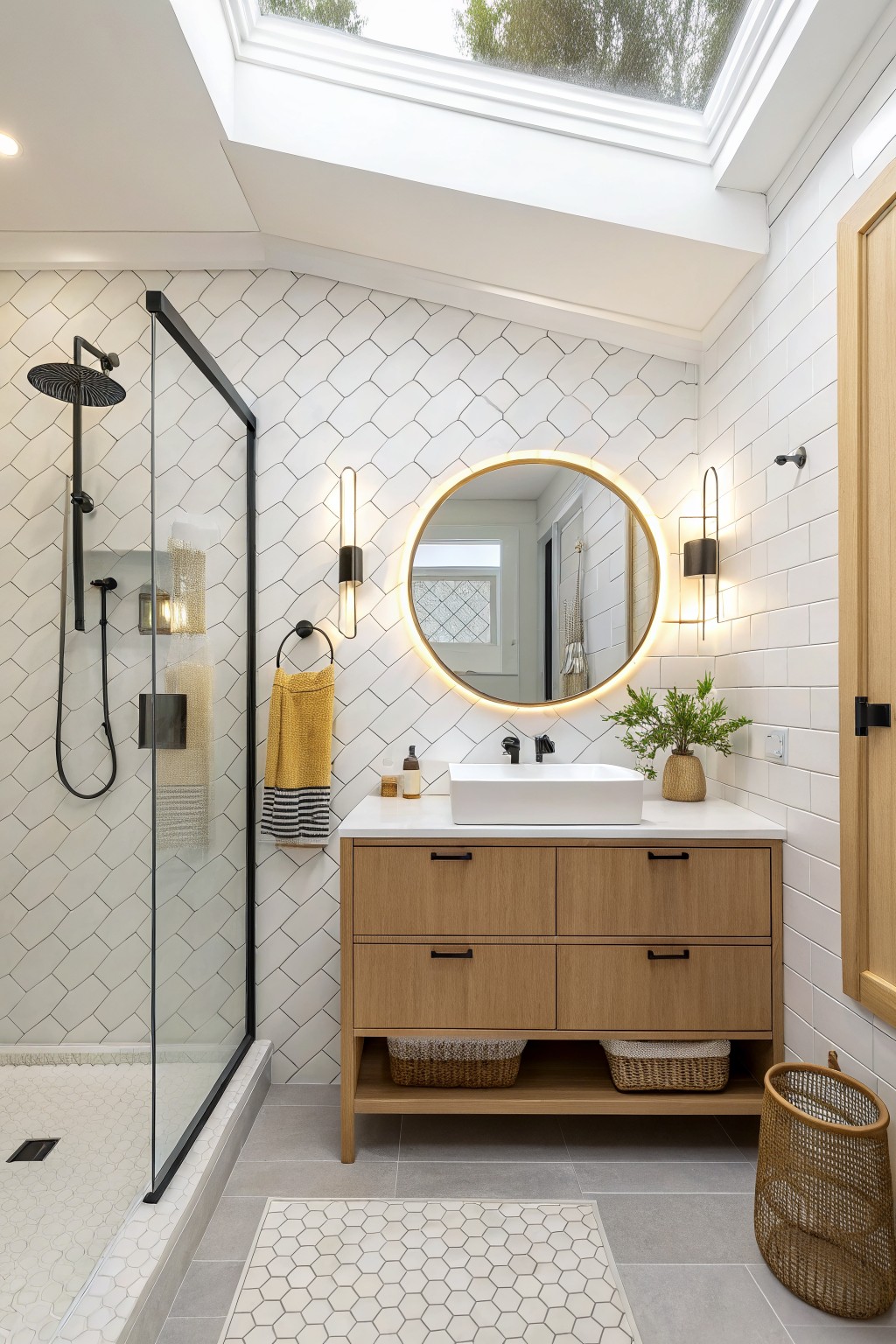 White painted walls in a bathroom with wood vanity and tiled shower.