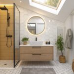 White painted walls in a bathroom with wood vanity and tiled shower.