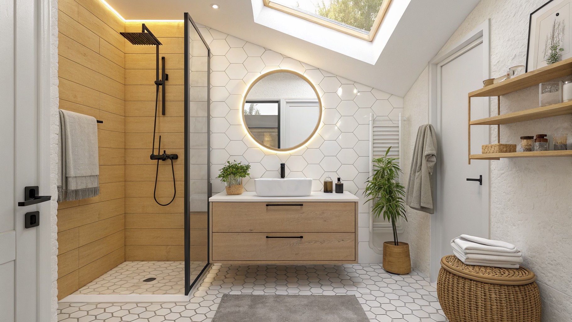 White painted walls in a bathroom with wood vanity and tiled shower.