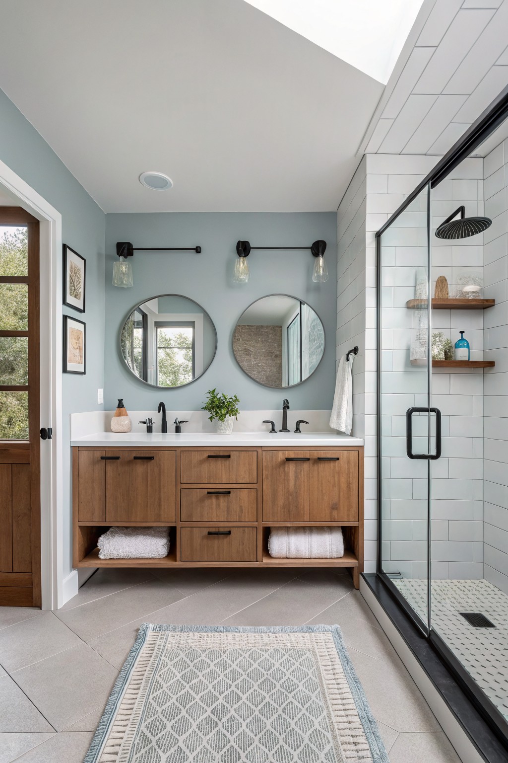 A bathroom with light blue gray walls and wood cabinetry.